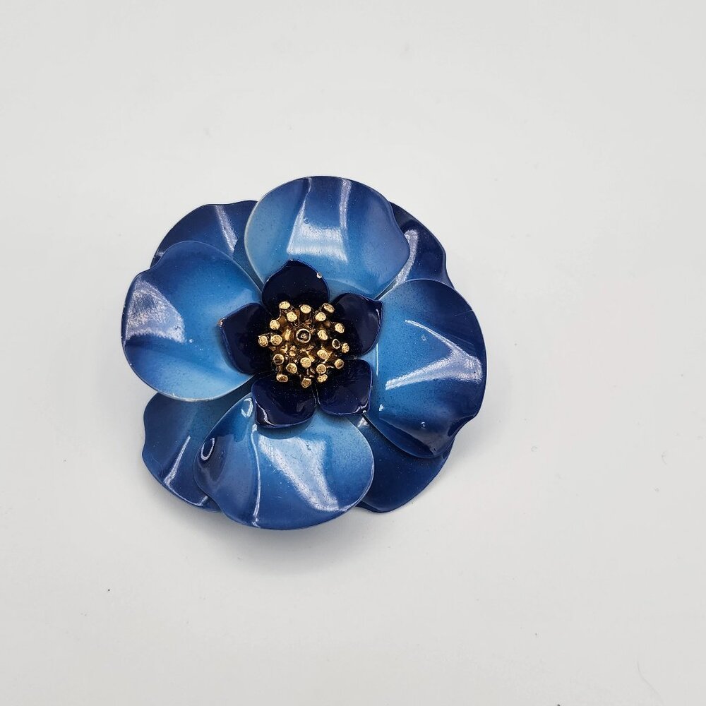 Vintage Blue Floral Enamel Brooch with Gold Accent - Women's Jewelry